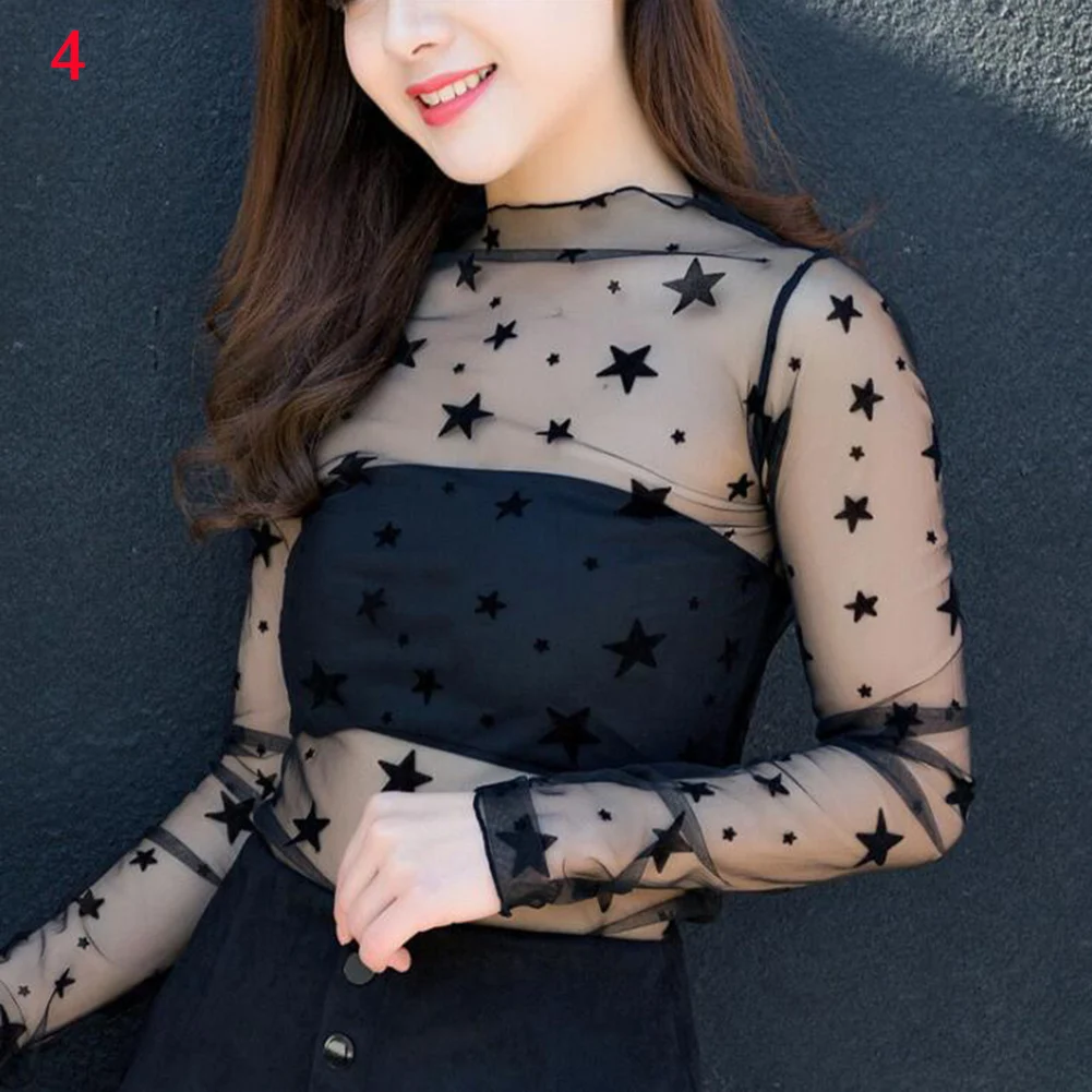 Women Fashion T-Shirts Tulle Mesh Versatile Long Sleeve Ladies Printed Tops Casual Thin Base Blouses Lace Sheer Blouses Women Fashion T-Shirts Tulle Mesh Versatile Long Sleeve Ladies Printed Tops Casual Thin Base Blouses Lace Sheer Blouses