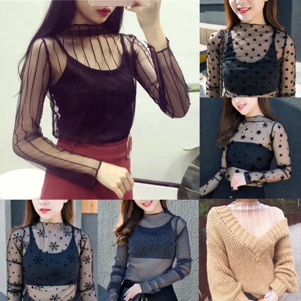 Women Fashion T-Shirts Tulle Mesh Versatile Long Sleeve Ladies Printed Tops Casual Thin Base Blouses Lace Sheer Blouses - Image 2