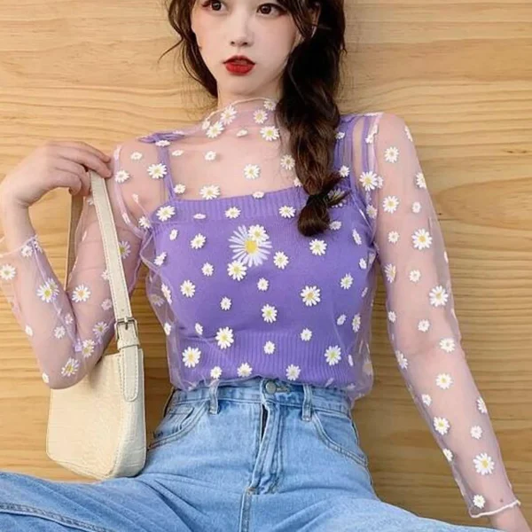 Women Daisy Print Lace Sheer Tops Sexy Tees Long Sleeve Thin Mesh Shirts Fashion Ladies Top 2023 Summer Sunscreen Blouse Blusas - Image 5