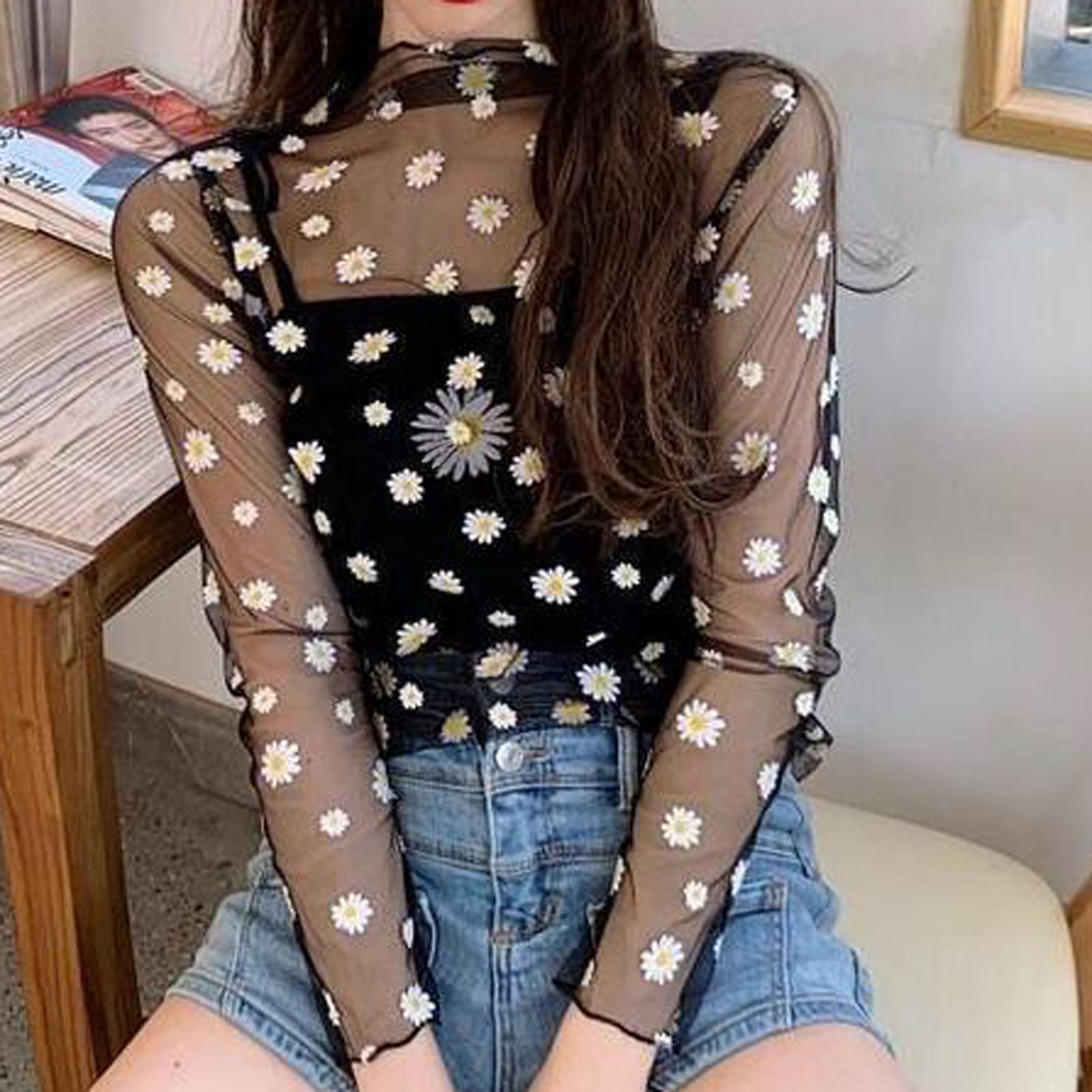 Women Daisy Print Lace Sheer Tops Sexy Tees Long Sleeve Thin Mesh Shirts Fashion Ladies Top 2023 Summer Sunscreen Blouse Blusas