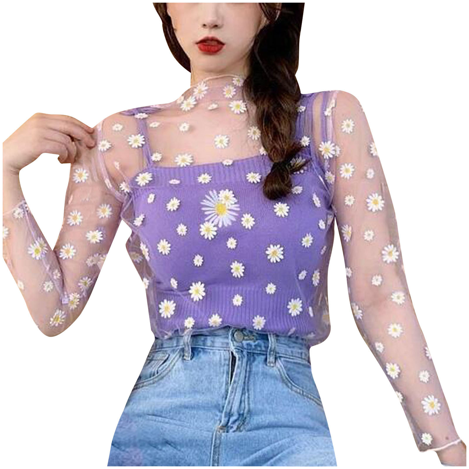 Women Daisy Print Lace Sheer Tops Sexy Tees Long Sleeve Thin Mesh Shirts Fashion Ladies Top 2023 Summer Sunscreen Blouse Blusas