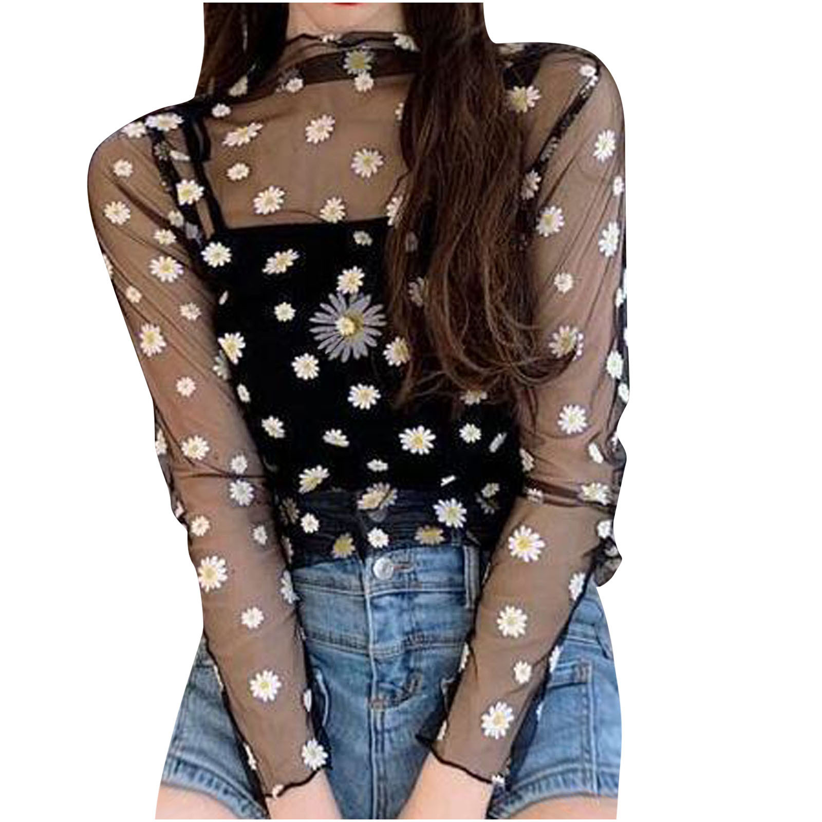 Women Daisy Print Lace Sheer Tops Sexy Tees Long Sleeve Thin Mesh Shirts Fashion Ladies Top 2023 Summer Sunscreen Blouse Blusas