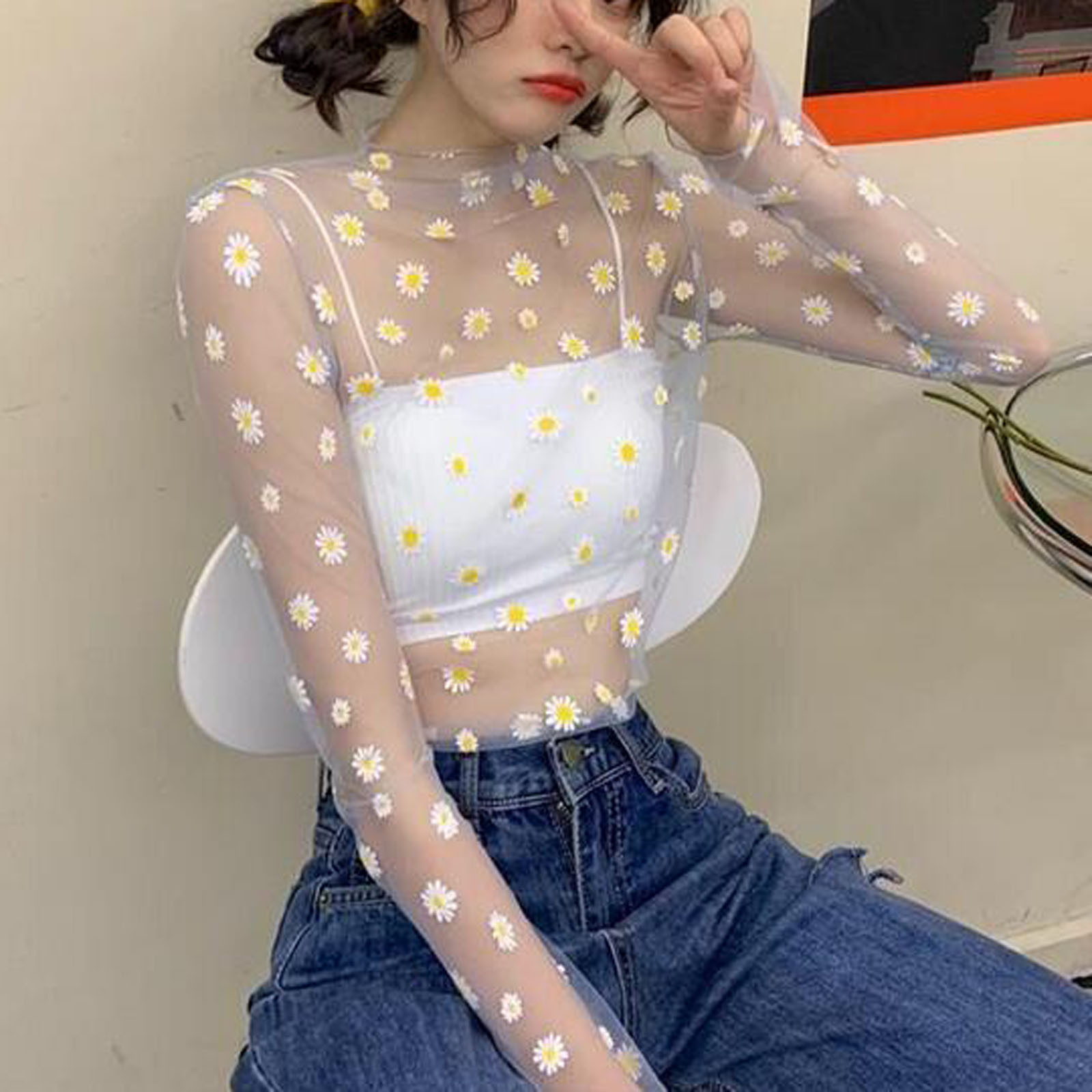 Women Daisy Print Lace Sheer Tops Sexy Tees Long Sleeve Thin Mesh Shirts Fashion Ladies Top 2023 Summer Sunscreen Blouse Blusas