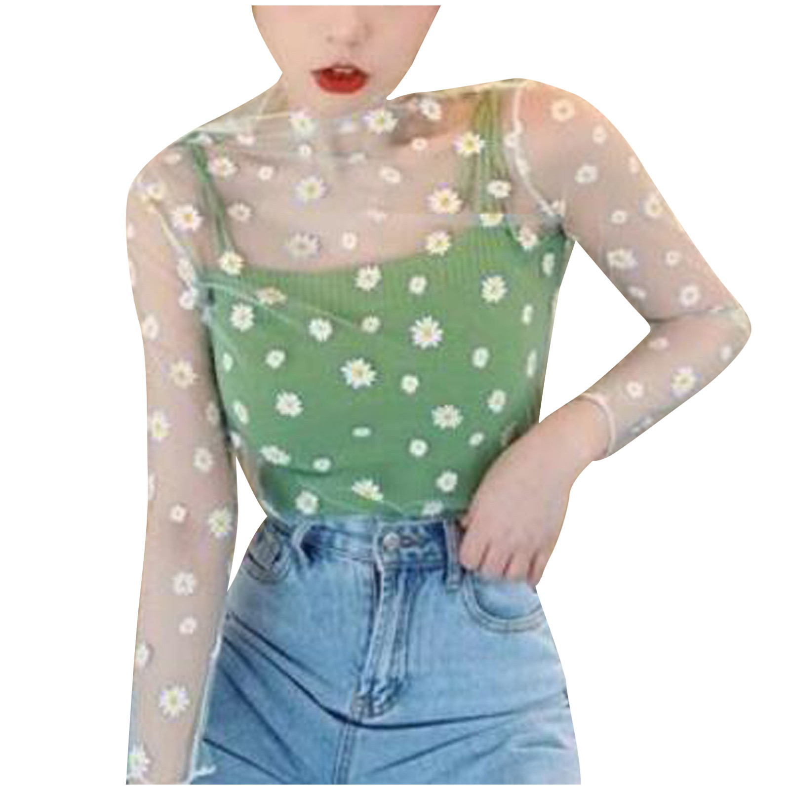 Women Daisy Print Lace Sheer Tops Sexy Tees Long Sleeve Thin Mesh Shirts Fashion Ladies Top 2023 Summer Sunscreen Blouse Blusas