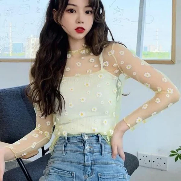 Women Daisy Print Lace Sheer Tops Sexy Tees Long Sleeve Thin Mesh Shirts Fashion Ladies Top 2023 Summer Sunscreen Blouse Blusas - Image 3