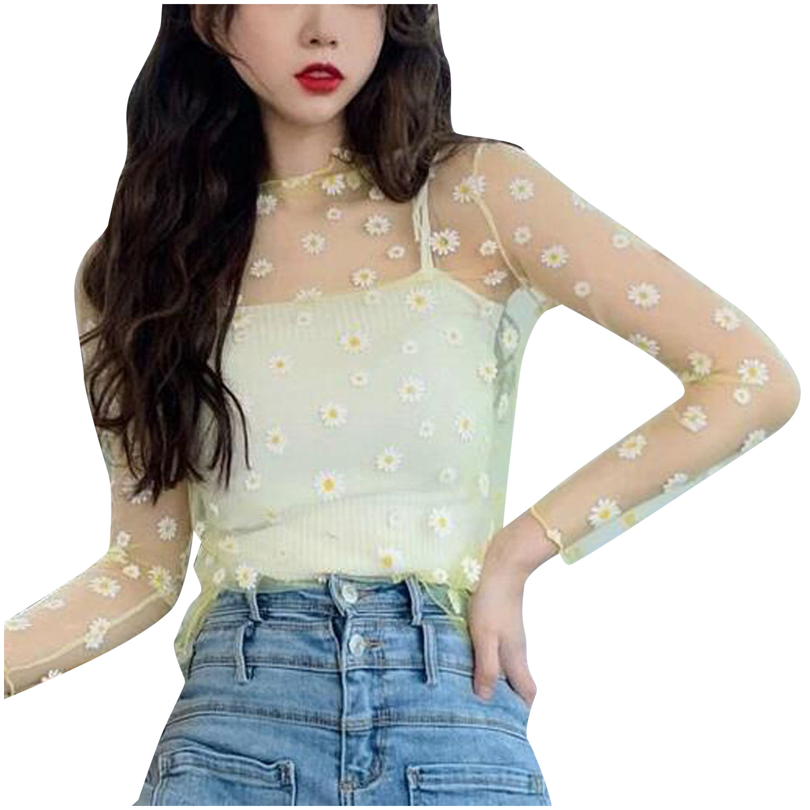 Women Daisy Print Lace Sheer Tops Sexy Tees Long Sleeve Thin Mesh Shirts Fashion Ladies Top 2023 Summer Sunscreen Blouse Blusas