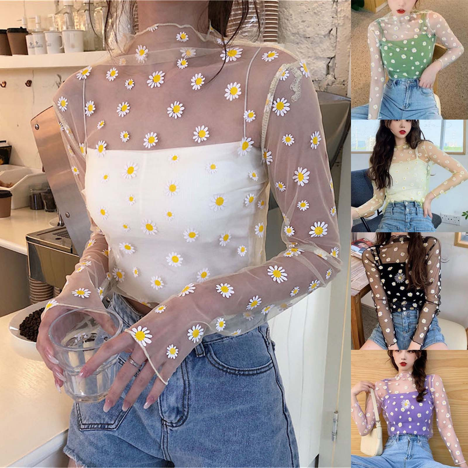 Women Daisy Print Lace Sheer Tops Sexy Tees Long Sleeve Thin Mesh Shirts Fashion Ladies Top 2023 Summer Sunscreen Blouse Blusas