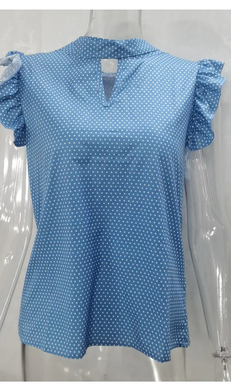 Summer Women Elegant Ruffles Sleeveless Polka Pot Lace Up Tie Bow Blouses and Shirts Casual Oversize Tops Sexy Pullover Tunic