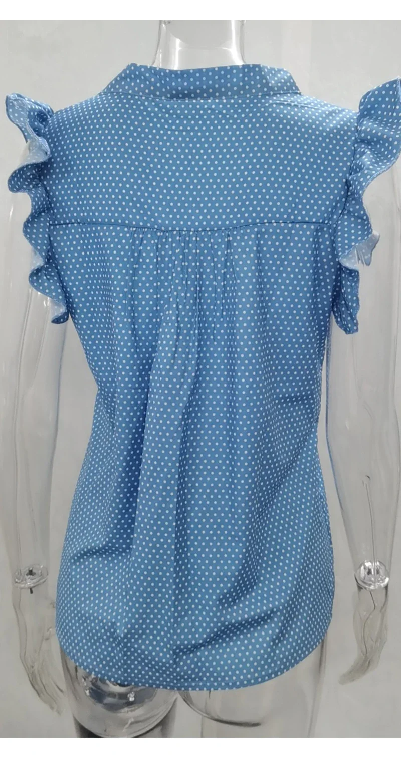 Summer Women Elegant Ruffles Sleeveless Polka Pot Lace Up Tie Bow Blouses and Shirts Casual Oversize Tops Sexy Pullover Tunic