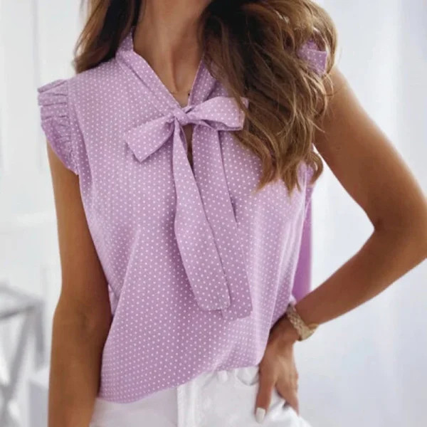 Summer Women Elegant Ruffles Sleeveless Polka Pot Lace Up Tie Bow Blouses and Shirts Casual Oversize Tops Sexy Pullover Tunic - Image 5