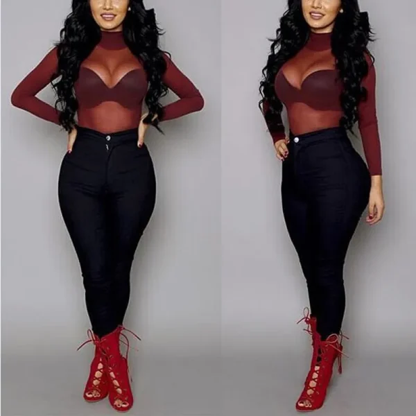 Sexy Women Blouses See Through Transparent Mesh Stand Neck Long Sleeve Sheer Blouse Shirt Ladies Tops Tee - Image 4