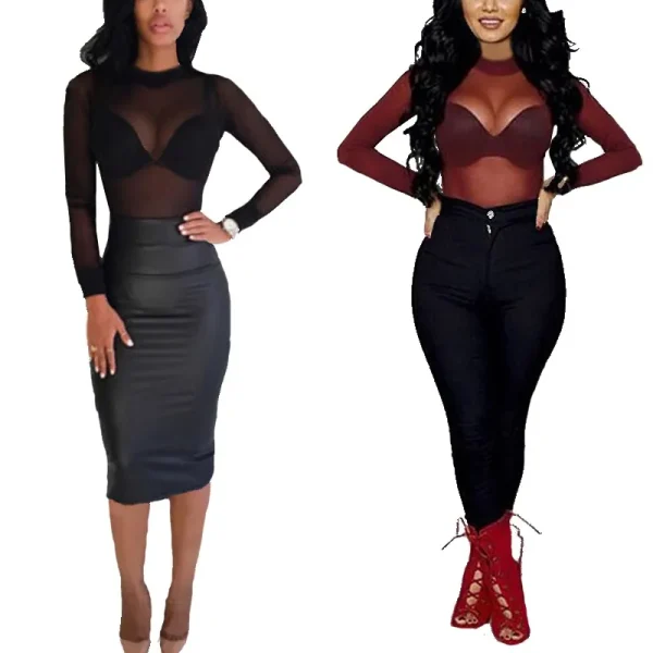 Sexy Women Blouses See Through Transparent Mesh Stand Neck Long Sleeve Sheer Blouse Shirt Ladies Tops Tee - Image 3