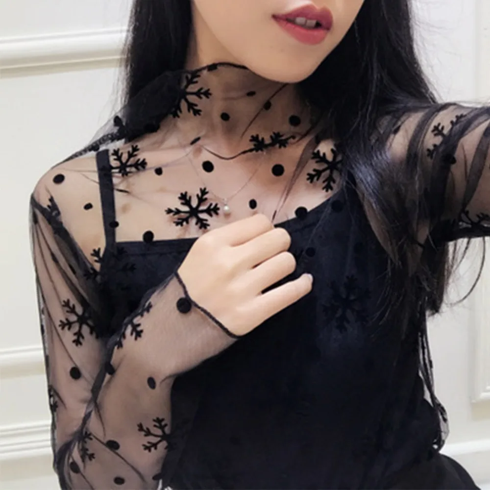 Sexy Harajuku Mesh Tops Long Sleeve See Through T-shirts Transparent Star Dot Diamond Print Top Summer Casual T Shirt Streetwear