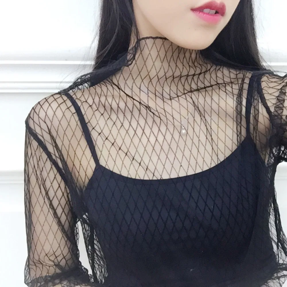 Sexy Harajuku Mesh Tops Long Sleeve See Through T-shirts Transparent Star Dot Diamond Print Top Summer Casual T Shirt Streetwear