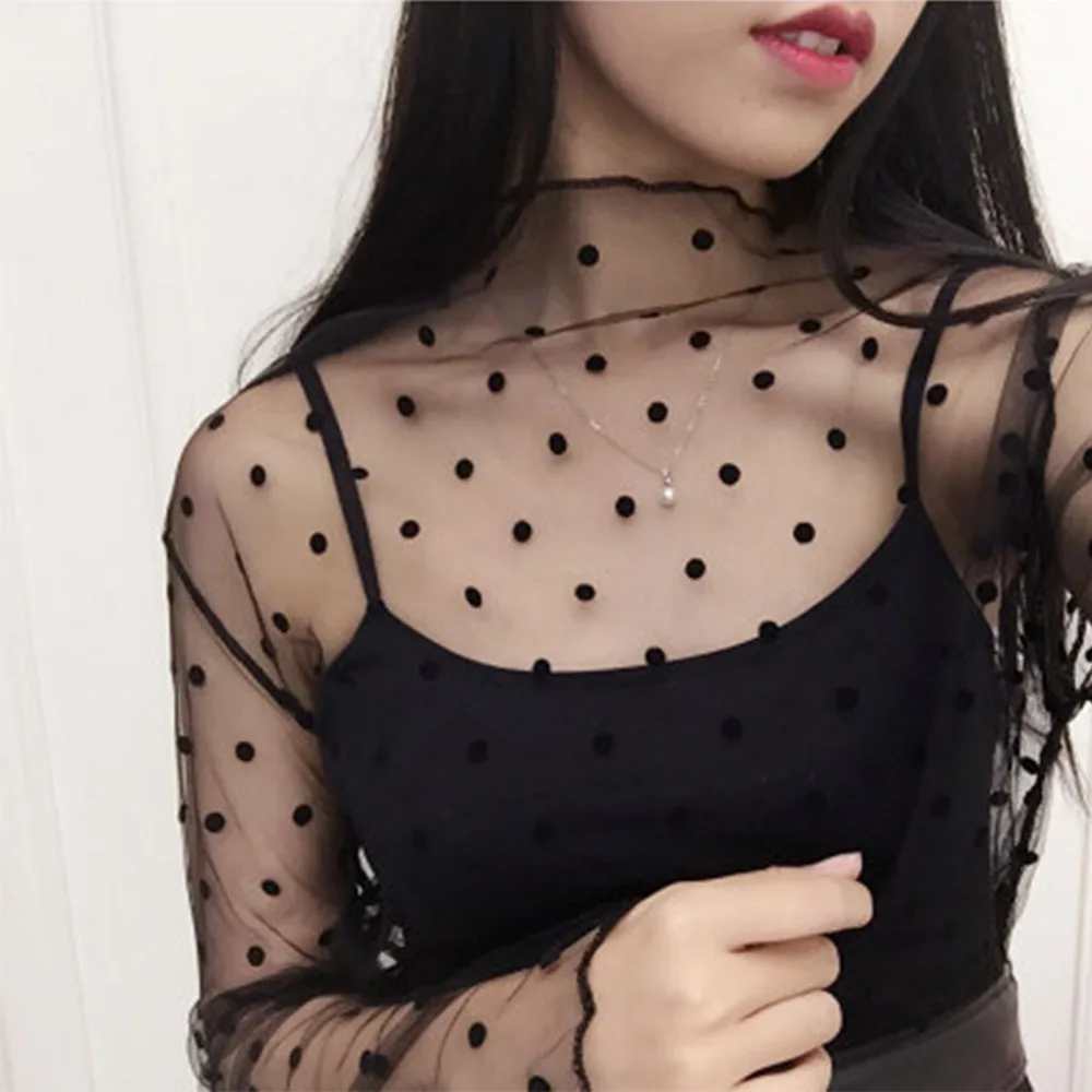 Sexy Harajuku Mesh Tops Long Sleeve See Through T-shirts Transparent Star Dot Diamond Print Top Summer Casual T Shirt Streetwear