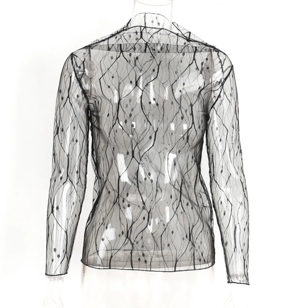 Sexy Harajuku Mesh Tops Long Sleeve See Through T-shirts Transparent Star Dot Diamond Print Top Summer Casual T Shirt Streetwear