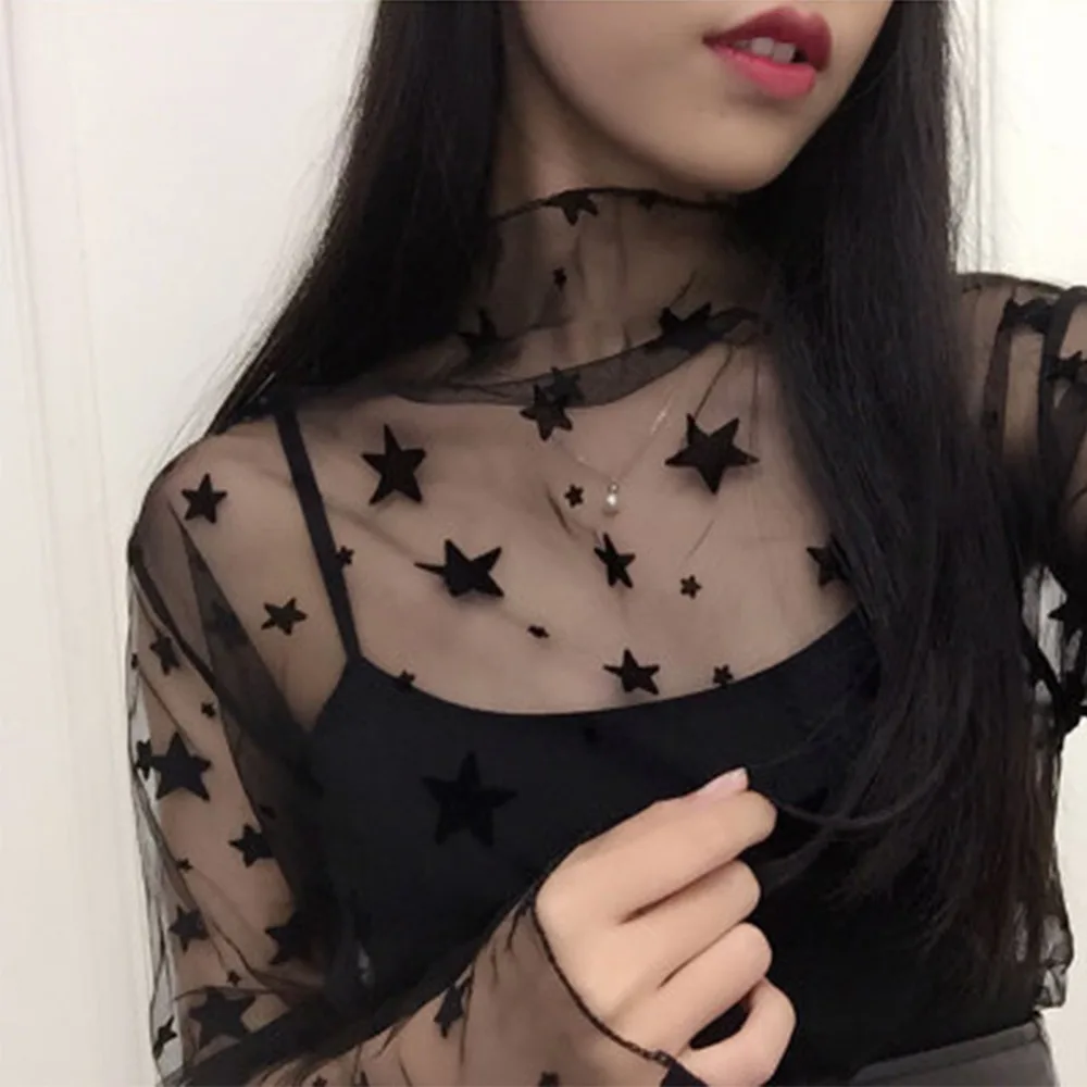 Sexy Harajuku Mesh Tops Long Sleeve See Through T-shirts Transparent Star Dot Diamond Print Top Summer Casual T Shirt Streetwear