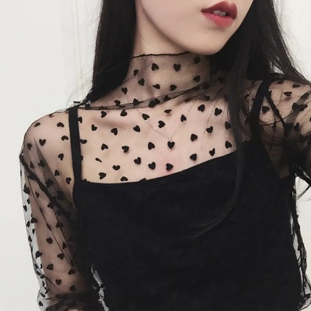 Sexy Harajuku Mesh Tops Long Sleeve See Through T-shirts Transparent Star Dot Diamond Print Top Summer Casual T Shirt Streetwear