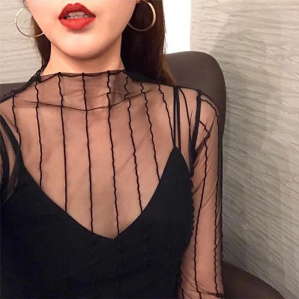 Sexy Harajuku Mesh Tops Long Sleeve See Through T-shirts Transparent Star Dot Diamond Print Top Summer Casual T Shirt Streetwear