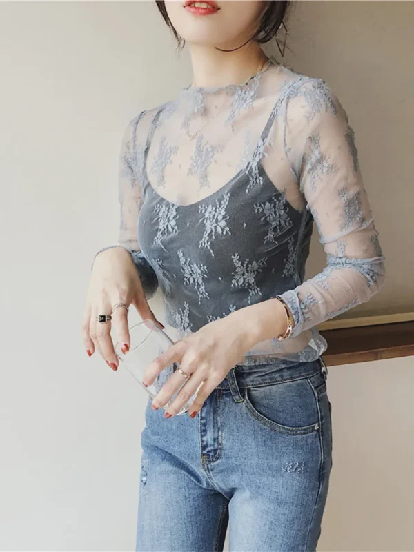 Summer Women Lace Floral Embroidery Blouses Shirt Ladies tops Sexy mesh Blouses Transparent Elegant See-through Black Shirt - Image 6