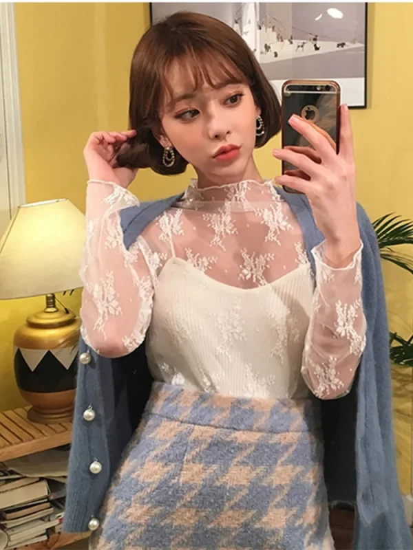 Summer Women Lace Floral Embroidery Blouses Shirt Ladies tops Sexy mesh Blouses Transparent Elegant See-through Black Shirt - Image 4