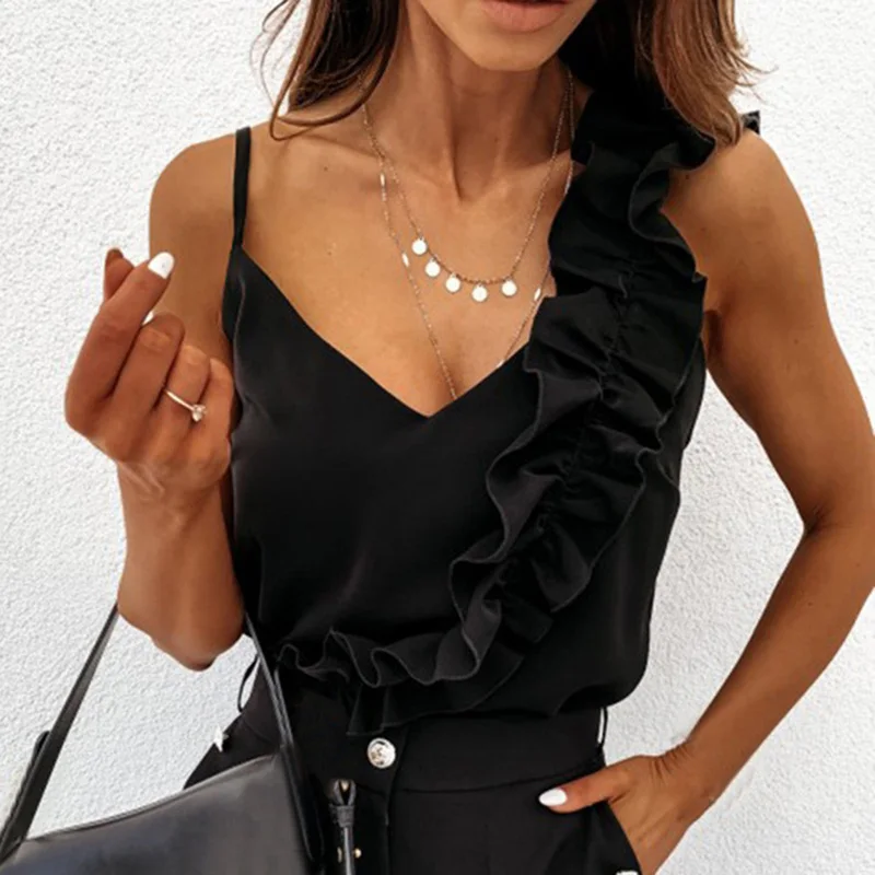 Women Summer Blouse Shirts Sexy V Neck Ruffle Blouses Backless Spaghetti Strap Office Ladies Sleeveless Casual Tops Women Summer Blouse Shirts Sexy V Neck Ruffle Blouses Backless Spaghetti Strap Office Ladies Sleeveless Casual Tops