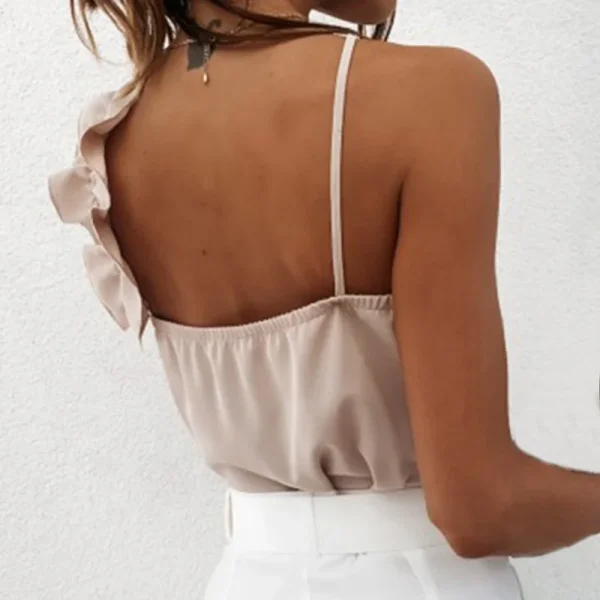 Women Summer Blouse Shirts Sexy V Neck Ruffle Blouses Backless Spaghetti Strap Office Ladies Sleeveless Casual Tops - Image 4