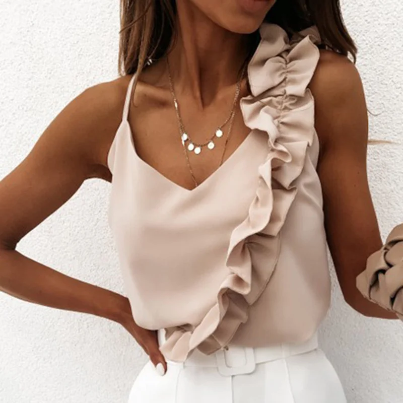 Women Summer Blouse Shirts Sexy V Neck Ruffle Blouses Backless Spaghetti Strap Office Ladies Sleeveless Casual Tops Women Summer Blouse Shirts Sexy V Neck Ruffle Blouses Backless Spaghetti Strap Office Ladies Sleeveless Casual Tops