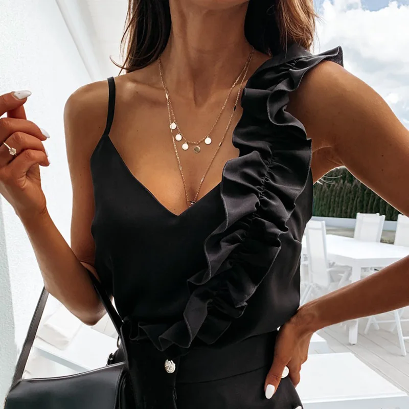Women Summer Blouse Shirts Sexy V Neck Ruffle Blouses Backless Spaghetti Strap Office Ladies Sleeveless Casual Tops Women Summer Blouse Shirts Sexy V Neck Ruffle Blouses Backless Spaghetti Strap Office Ladies Sleeveless Casual Tops