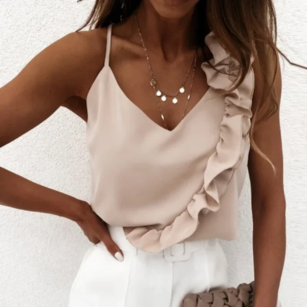 Women Summer Blouse Shirts Sexy V Neck Ruffle Blouses Backless Spaghetti Strap Office Ladies Sleeveless Casual Tops - Image 5
