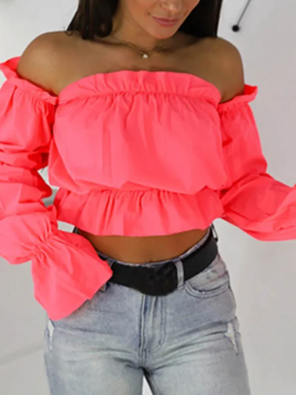 2024 Candy Color Off Shoulder Crop Tops women Summer dot print lantern sleeve shirts Lady Sexy Slash neck beach blouse