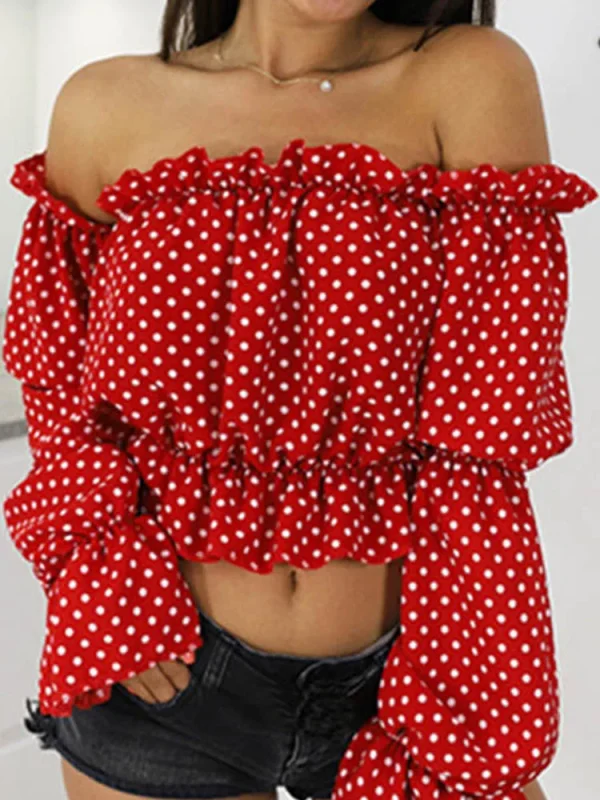 2024 Candy Color Off Shoulder Crop Tops women Summer dot print lantern sleeve shirts Lady Sexy Slash neck beach blouse - Image 5