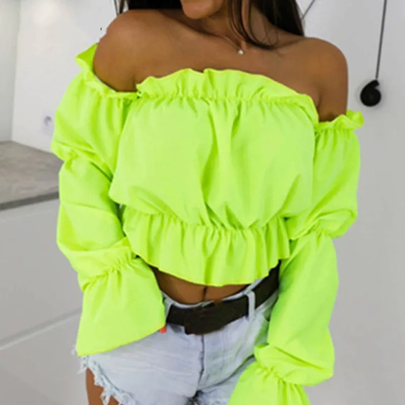 2024 Candy Color Off Shoulder Crop Tops women Summer dot print lantern sleeve shirts Lady Sexy Slash neck beach blouse 2024 Candy Color Off Shoulder Crop Tops women Summer dot print lantern sleeve shirts Lady Sexy Slash neck beach blouse