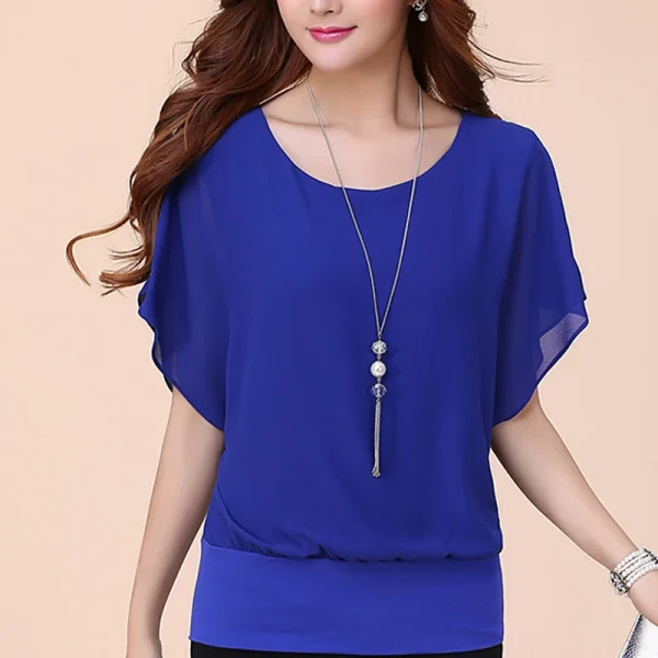 New Summer Women Blouse Female Short Batwing Sleeve Oversized Loose O-Neck Chiffon Shirt Plus Size Office Lady Elegant Tops Tees - Image 4