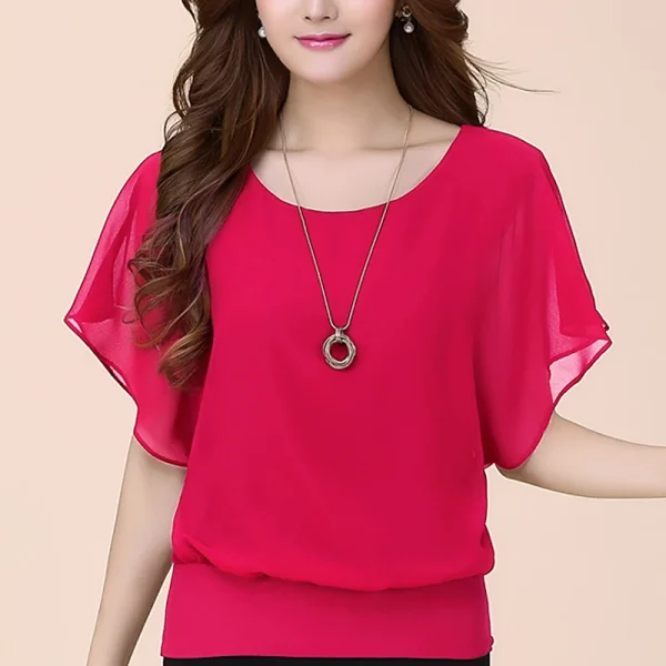 New Summer Women Blouse Female Short Batwing Sleeve Oversized Loose O-Neck Chiffon Shirt Plus Size Office Lady Elegant Tops Tees - Image 5