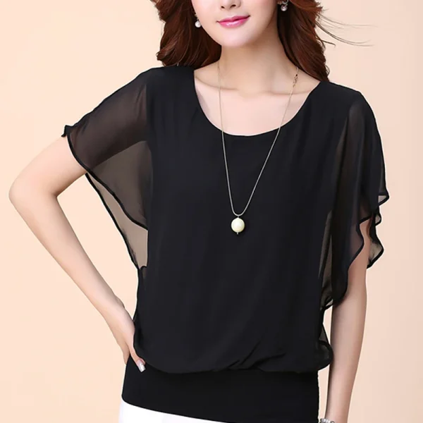 New Summer Women Blouse Female Short Batwing Sleeve Oversized Loose O-Neck Chiffon Shirt Plus Size Office Lady Elegant Tops Tees