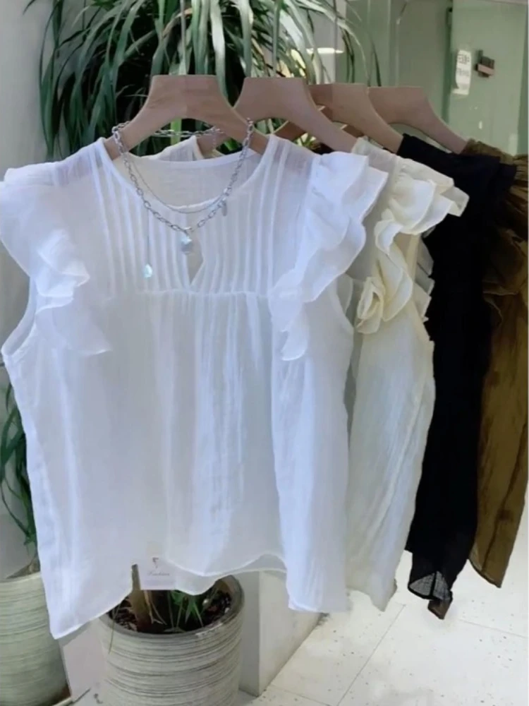 White Blouses for Women 2025 Blusas Mujer De Moda Sleeveless O-neck Loose Shirts Ruffles Loose Vintage Summer Blouse Tops Female White Blouses for Women 2025 Blusas Mujer De Moda Sleeveless O-neck Loose Shirts Ruffles Loose Vintage Summer Blouse Tops Female