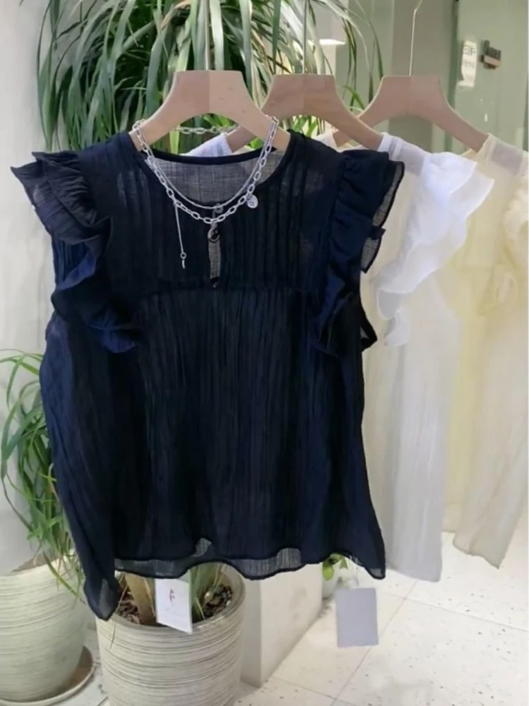 White Blouses for Women 2025 Blusas Mujer De Moda Sleeveless O-neck Loose Shirts Ruffles Loose Vintage Summer Blouse Tops Female White Blouses for Women 2025 Blusas Mujer De Moda Sleeveless O-neck Loose Shirts Ruffles Loose Vintage Summer Blouse Tops Female