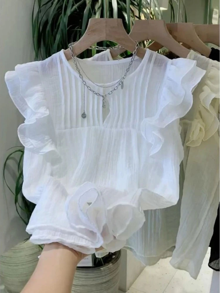 White Blouses for Women 2025 Blusas Mujer De Moda Sleeveless O-neck Loose Shirts Ruffles Loose Vintage Summer Blouse Tops Female White Blouses for Women 2025 Blusas Mujer De Moda Sleeveless O-neck Loose Shirts Ruffles Loose Vintage Summer Blouse Tops Female