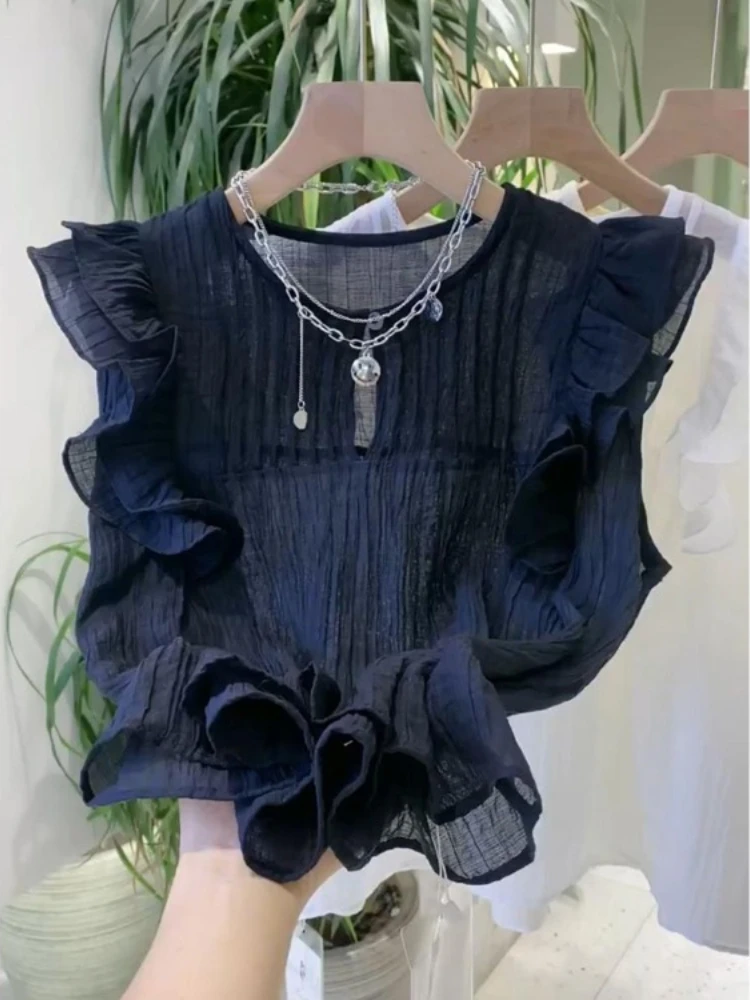 White Blouses for Women 2025 Blusas Mujer De Moda Sleeveless O-neck Loose Shirts Ruffles Loose Vintage Summer Blouse Tops Female White Blouses for Women 2025 Blusas Mujer De Moda Sleeveless O-neck Loose Shirts Ruffles Loose Vintage Summer Blouse Tops Female