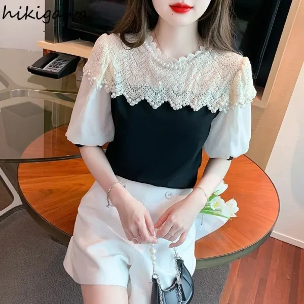 Contrast Color Blusas De Mujer Short Sleeve O-neck Blouses for Women Patchwork Lace Beading Tops Puff Sleeve Sweet Summer Shirts - Image 5