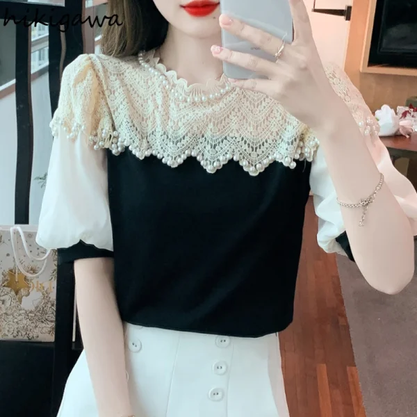 Contrast Color Blusas De Mujer Short Sleeve O-neck Blouses for Women Patchwork Lace Beading Tops Puff Sleeve Sweet Summer Shirts - Image 2