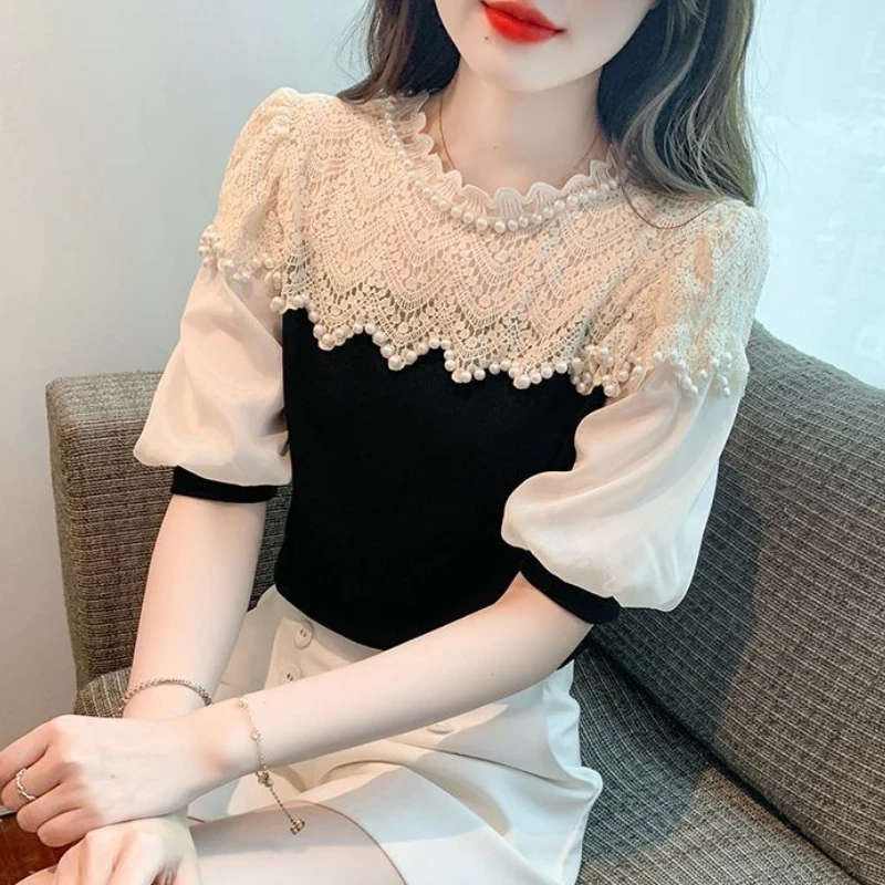 Contrast Color Blusas De Mujer Short Sleeve O-neck Blouses for Women Patchwork Lace Beading Tops Puff Sleeve Sweet Summer Shirts
