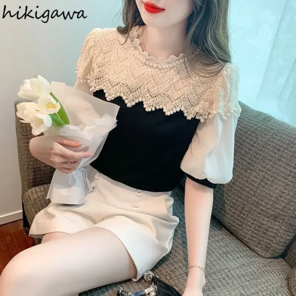 Contrast Color Blusas De Mujer Short Sleeve O-neck Blouses for Women Patchwork Lace Beading Tops Puff Sleeve Sweet Summer Shirts - Image 4