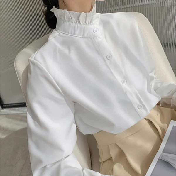 OCEANLOVE Women Shirts Stand Collar Solid Spring Autumn Office Lady Vintage Blouses Korean Style Ruffles Blusas Mujer Tops - Image 6