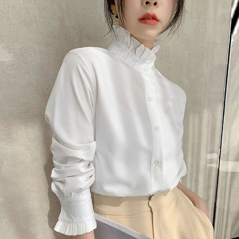 OCEANLOVE Women Shirts Stand Collar Solid Spring Autumn Office Lady Vintage Blouses Korean Style Ruffles Blusas Mujer Tops