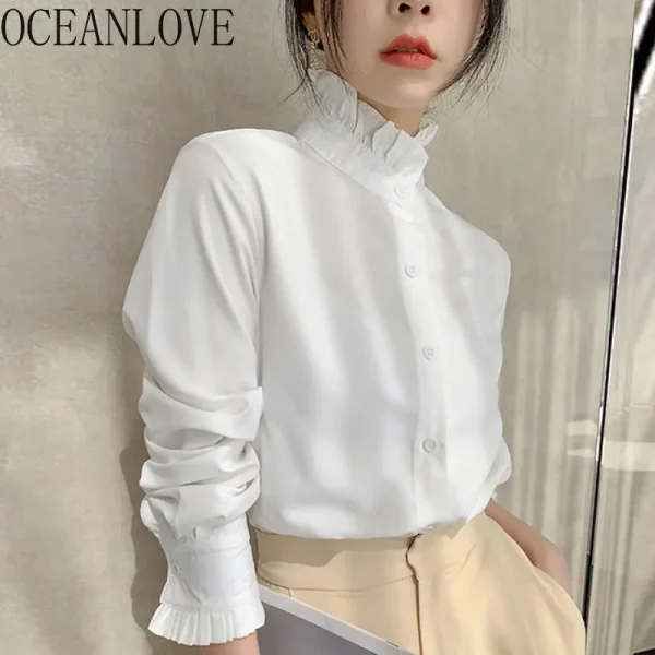 OCEANLOVE Women Shirts Stand Collar Solid Spring Autumn Office Lady Vintage Blouses Korean Style Ruffles Blusas Mujer Tops