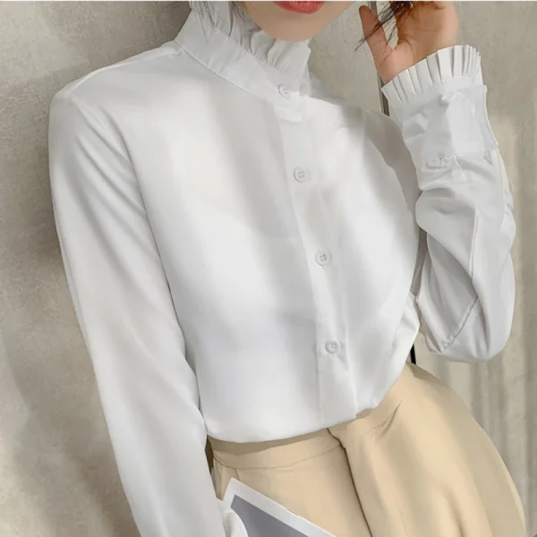 OCEANLOVE Women Shirts Stand Collar Solid Spring Autumn Office Lady Vintage Blouses Korean Style Ruffles Blusas Mujer Tops - Image 3