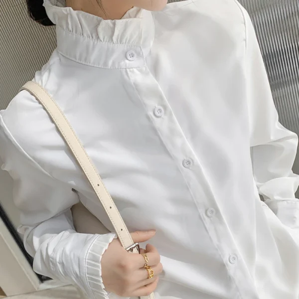 OCEANLOVE Women Shirts Stand Collar Solid Spring Autumn Office Lady Vintage Blouses Korean Style Ruffles Blusas Mujer Tops - Image 4