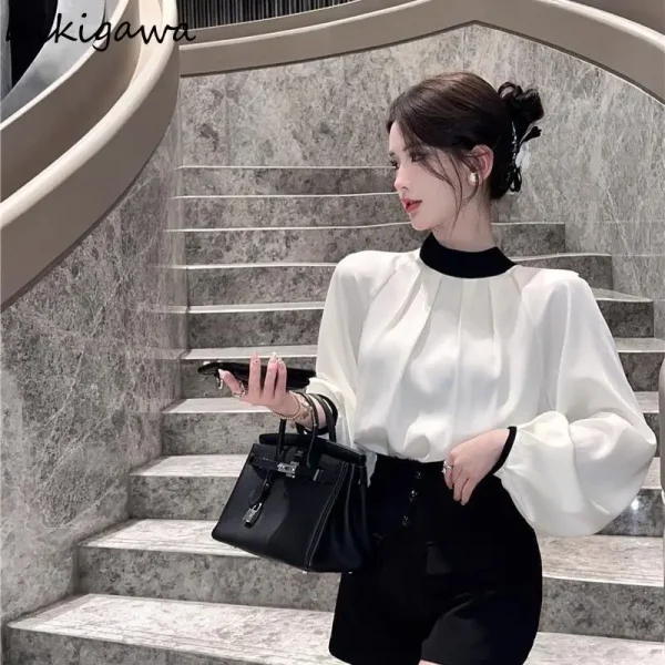 Temperament Lady Tops Vintage Blouses for Women 2025 Blusas Mujer De Mida O-neck Lantern Sleeve Loose Bandage Bow Blouse Shirts - Image 2